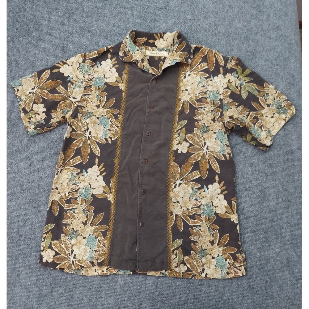 Tommy Bahama Silk Shirt Mens Medium Brown blue Floral Camp Hawaiian Beach